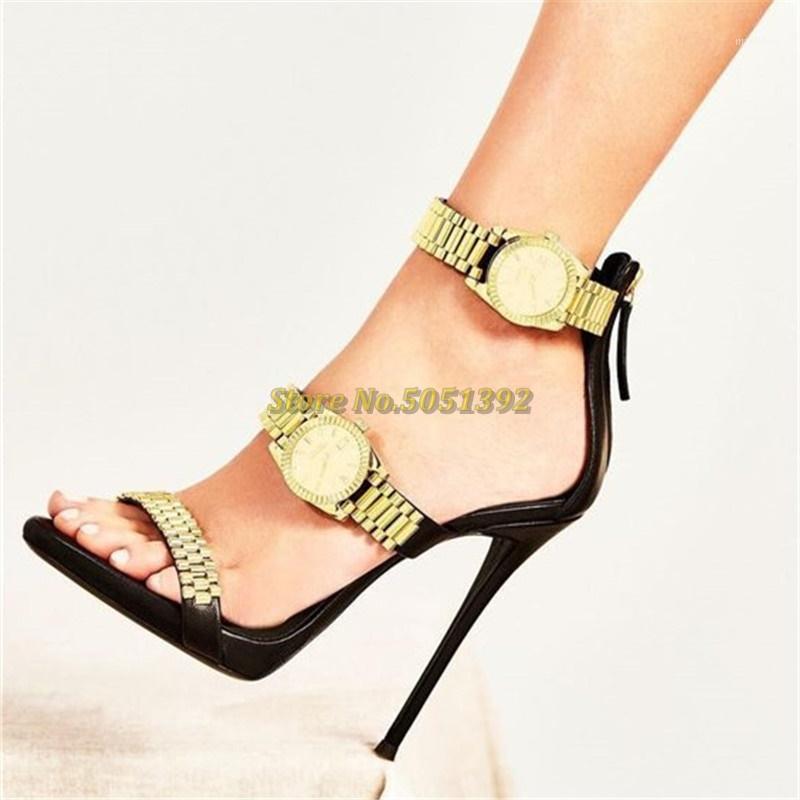 

Luxury Gold Watch Studded High Heel Sandals Metal Chain Decor Gladiator Sandals Women Designer High Heels Party Shoes Woman 20211, Black