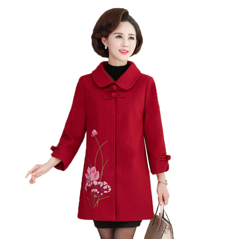 

2021 New Winter Middle-aged Ladies Embroidered Female Wool Jacket Medium Thin Plus Upper Size 5xl R333 Gah7, Red.