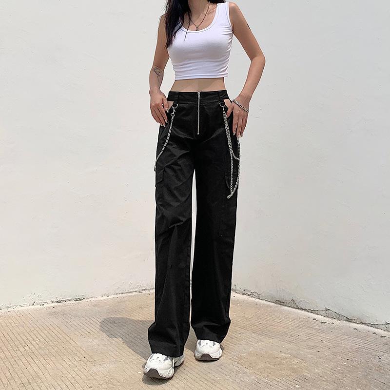 

Pants for Women Embroidery Zipper Hip-hop Sweatpants Streetwear Loose Slim High Waist Joggers Trousers Autumn Winter Cargo Pant, Black