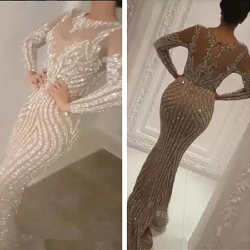 

Luxury Beads Stones Silver Mermaid Prom Dresses 2020 Gorgeous Long Sleeve Sheer Evening Gowns Sparkly Party Dresses, Black