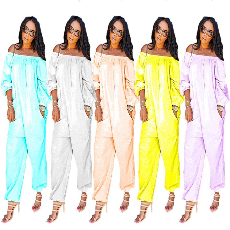 

Elegant Women Loose Jumpsuits Slash Neck Long Sleeves Pockets Solid Lady Full Length Rompers Elatic Bottom Autumn Party Streetwear