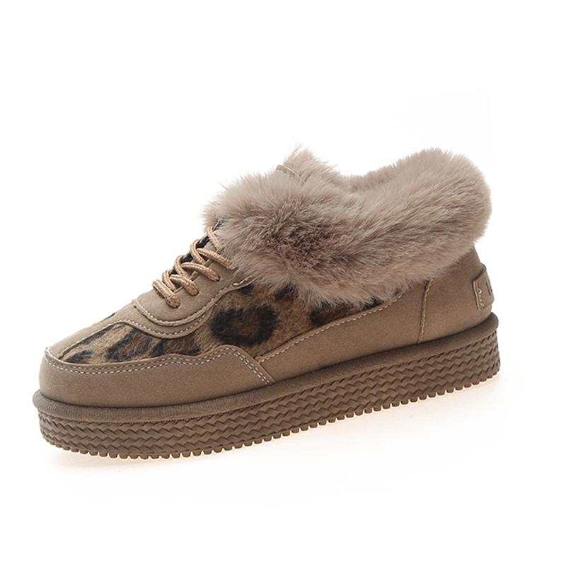 

CINESSD Sexy Leopard Snow Boots Women Winter Flat Ladies Boot Low Heel Short Plush Slip-On Booties Casual Black Platform Botas, Beige