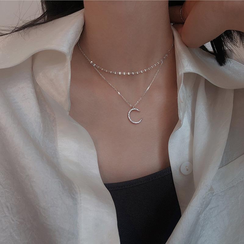 

New S925 Trendy Star Moon Pearl Pendant Double Layer Necklace Female Light Luxury Clavicle Chain Couple Gift Dropshipping
