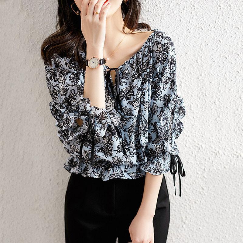 

Women's Blouses & Shirts Off Shoulder Women Spring Summer Style Chiffon Casual Slash Neck Half Sleeve Flower Printed Blusas Tops ZZ04581, Blue