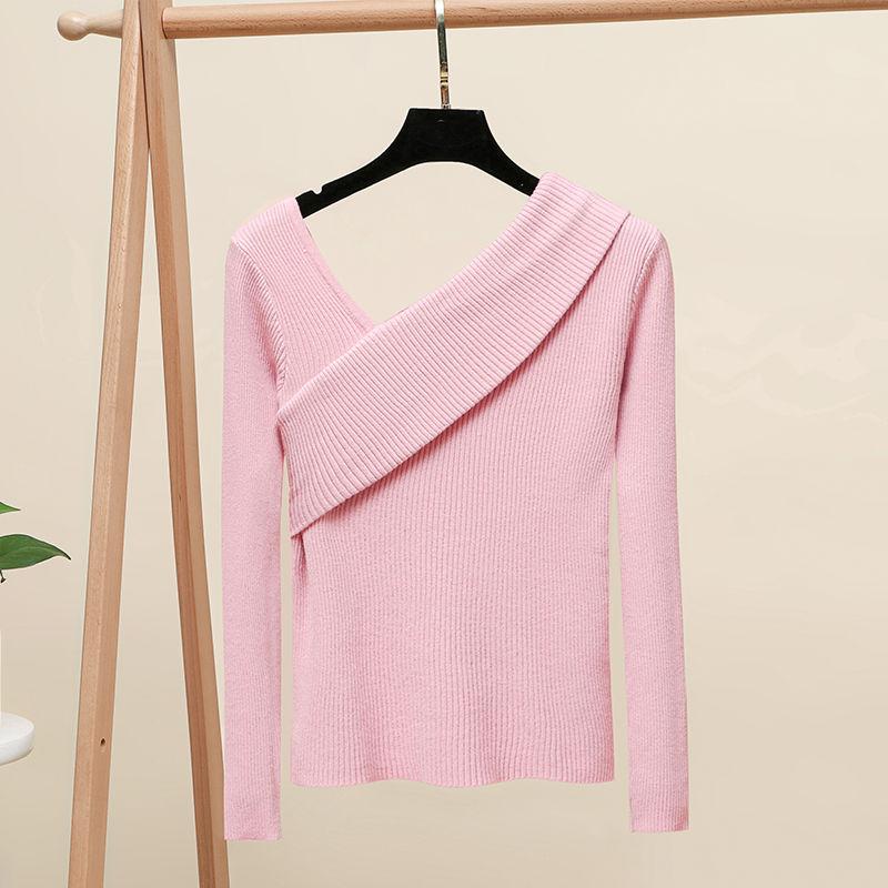

2020 Women Autumn Winter Knitting Pullovers Tops Long Sleeve slash Neck Fashion Loose Lady Street Sweater and Sexy Shoulder L10, Green