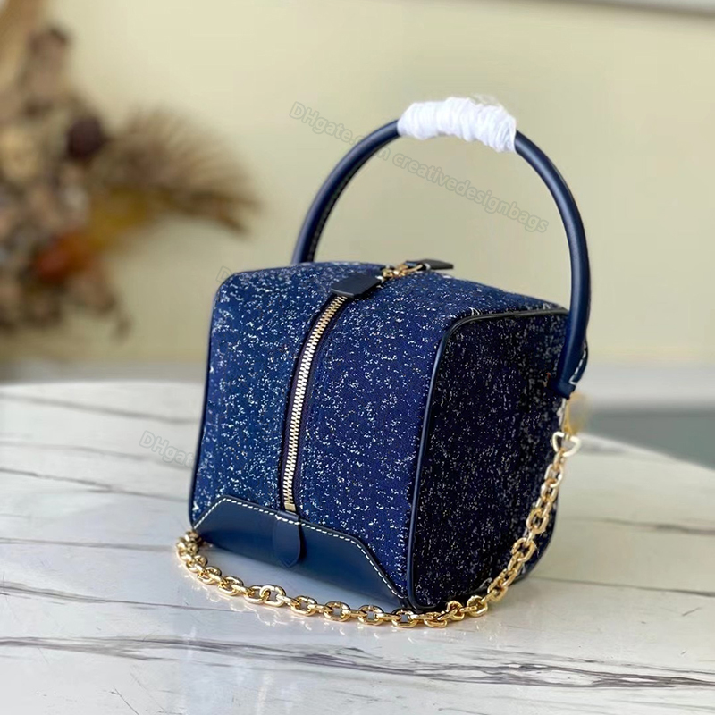 

Dice Square Shoulder Bags Denim Blue Dressing Box Cow Leather Trim Handle Vintage Detachable Chain Zipper Bag Handbags Mini totes cosmetic cosmetic 59611 16cm L220, M59611