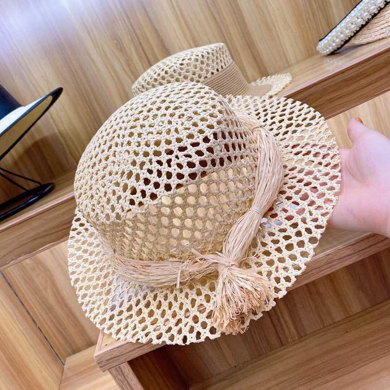 

In the summer of new models After all empty flat Lafite grass ceiling cane straw hat female plaid hole sunhats1, Beige