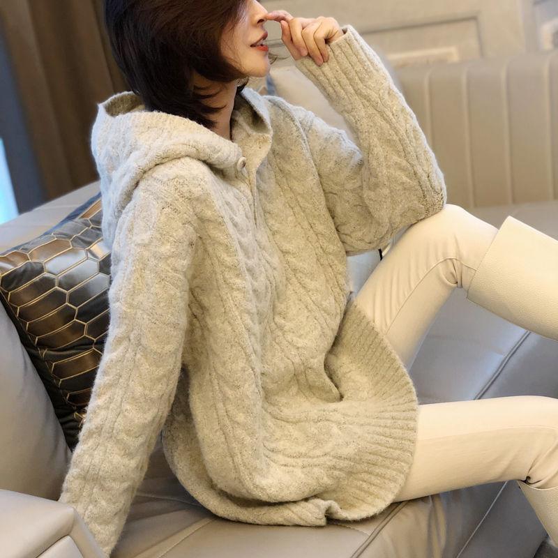 

Winter 2020 new European women' wear retro hooded cashmere sweater women' Pullover fashion, Beige
