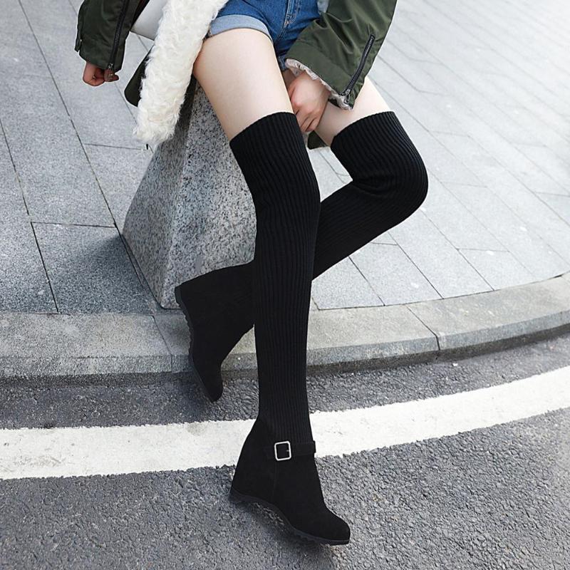 

2020 New Sexy Slim knitting Over The Knee Boots Women Thigh High Boots Ladies Wedge heel Black Shoes Sock Plus size 34-431