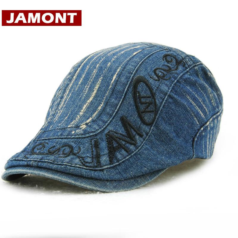 

JAMONT]New Fall Denim Berets Caps For Men Casual Peaked Caps Embroidery Letter Berets Hats Casquette Cap Gorras Wholesale, Navy