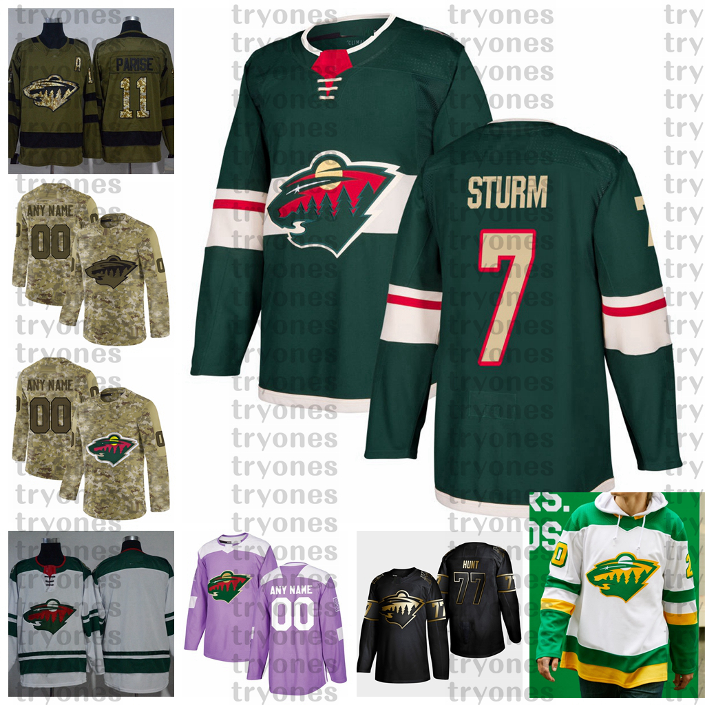 

2021 Reverse Retro Customize #7 Nico Sturm Minnesota Wild Hockey Jerseys Golden Edition Camo Veterans Day Fights Cancer Custom Shirts, Black;red