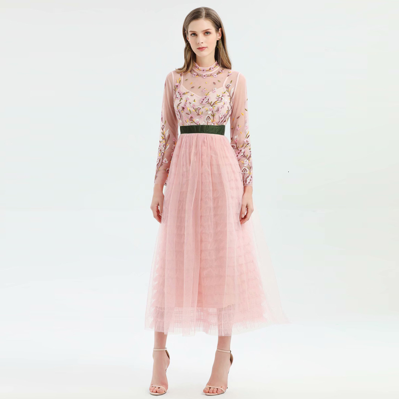 

Vintage Bohemia Embroidered Flowers Long Sexy Sleeves Transparent Mesh Skirt Mid-length Dress Banquet New Women' Clothes Lew6, Pink.