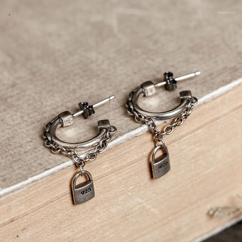 

Punk 925 Sterling Silver Dangle Lock Hoop Earring Retro Make Old Cool Stud Earring for Men Women Party Jewelry1