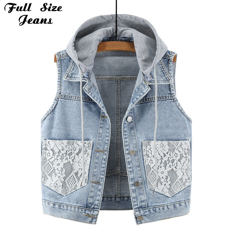 

Women Plus Size Sleeveless Lace Pockets Hooded Denim Vest 4XL 5XL Korean All-match Jeans Waistcoat Short Outwear Jackets 210204, Light blue