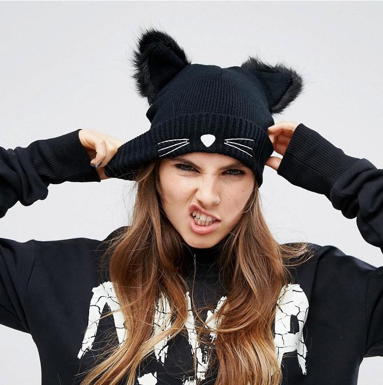 

ALLKPOPER Beanie Winter Hats for Women Warm Hat & Cap Cat Ear Solid Wool Devil Horns Knitted Fur Cap Bonnet Bone Gorro Skuillies, Black