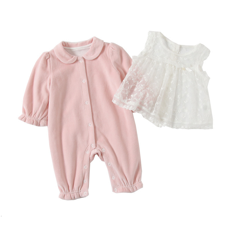 

2021 New 0-18m Infant Kids Baby Girls Rompers+lace Embroidery Vest 2pcs/set Long Sleeve Jumpsuits Newborn Clothes 0-2y Lsrm, Pink