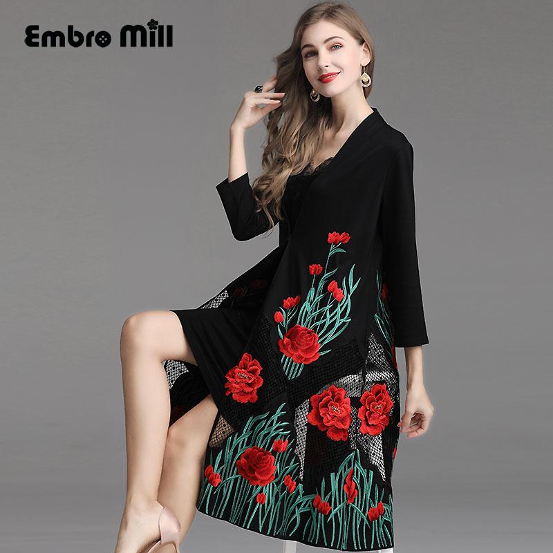

spring Fame style Heavy embroidery Over the knee coat fashion Thin and light elegant Windbreaker coat female Plus size -5XL, Black