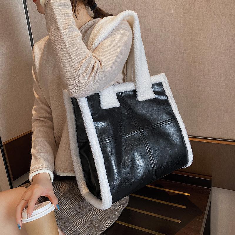 

Lambswool Shoulder Tote Bags For Women Simple Armpit Bag PU Leather Lady Handbags Female Trend Large-Capacity Travel Hand Bag, Black