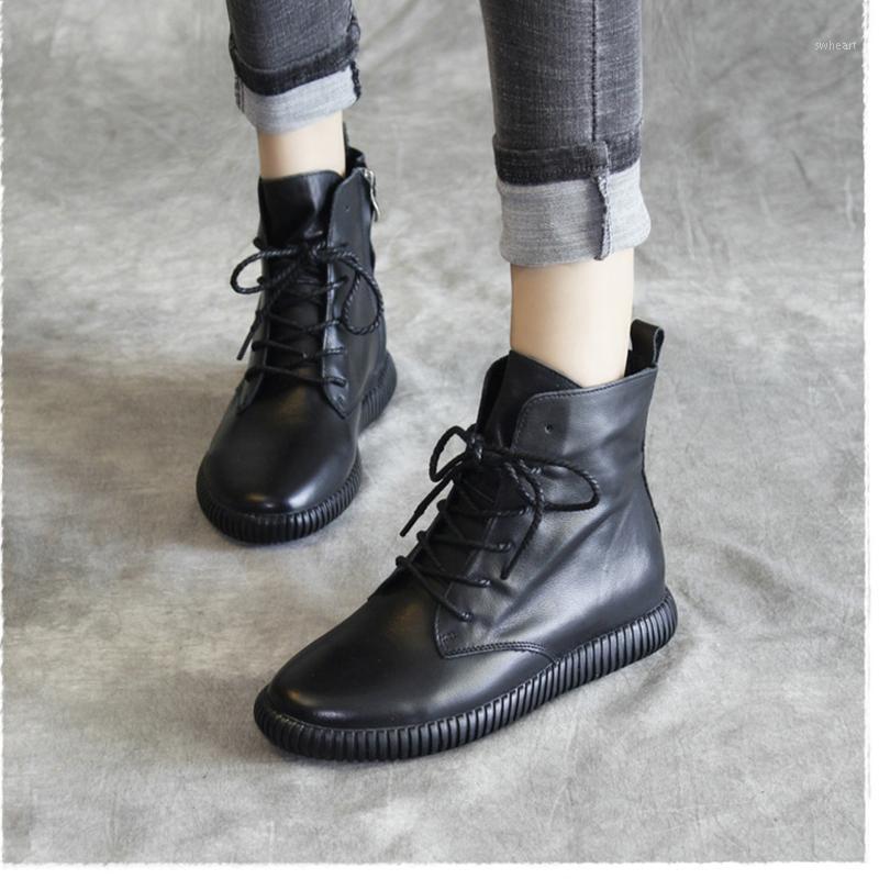 

Snow Genuine Cow Leather Black Boots Shoes Vintage Flats With Footwear Thicken Plush Winter Natural Fur Warm Shoes Woman 20201