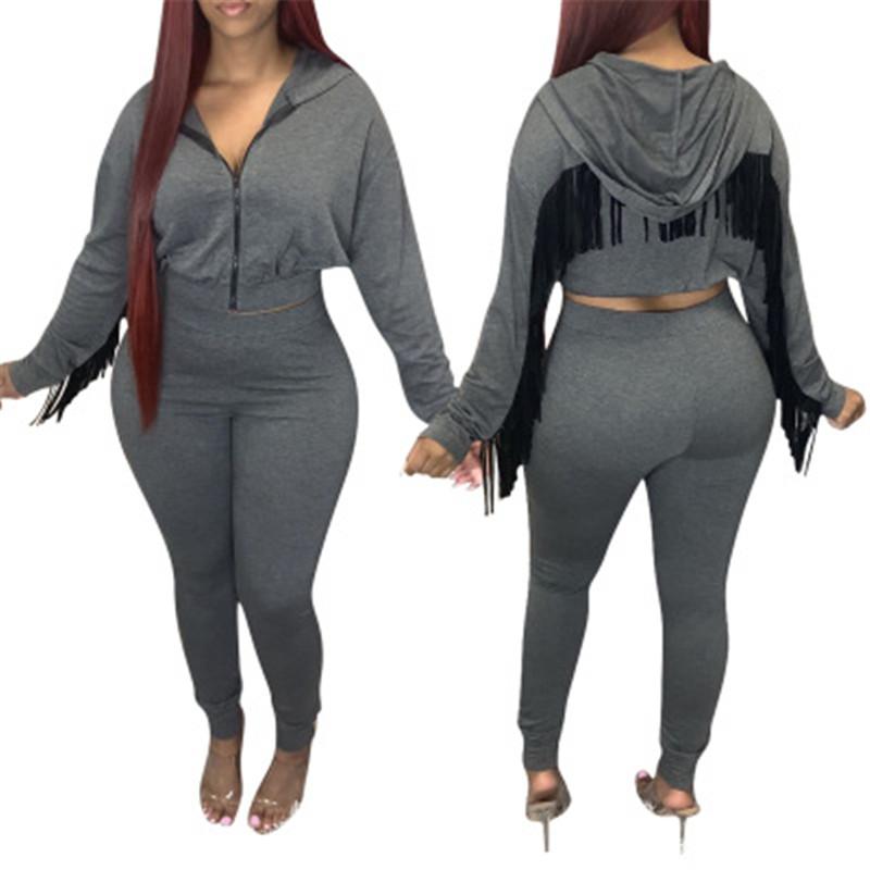 

Ladies Back Tassel Sports Suits Fashion Long Sleeve Zipper Tops Elastic Waist Pant Tracksuits Designer Female New Slim Casual Two Piece Sets, Black