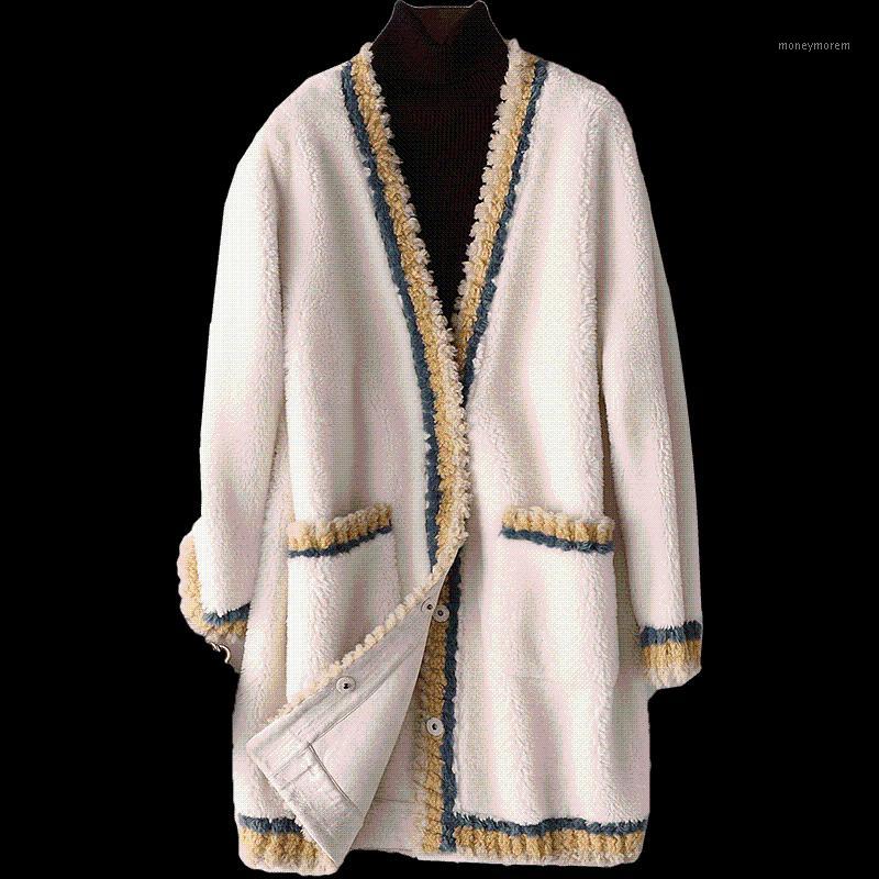 

AYUNSUE Real Sheep Shearling Fur Coat Female Wool Coats Winter Jacket Women Lamb Fur Korean Long Jackets Chaqueta Mujer1, Creamy white