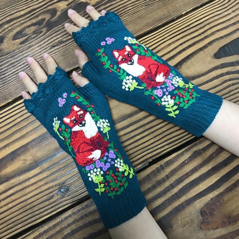 

Five Fingers Gloves Women Knitted Lengthen Fingerless Animal Embroidery Mittens Arm Warmers X7JB1