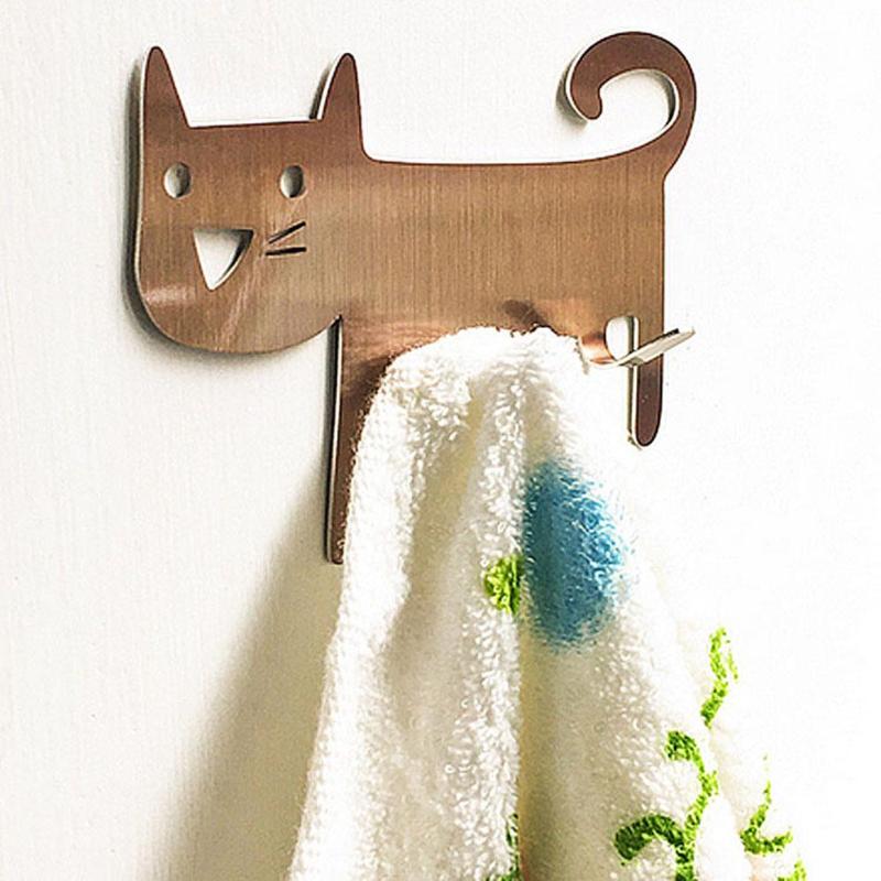 

Stainless Steel Cat-Shaped Back Adhesive Wall Hook Wall Mount Keys Hanger Kitchen Bathroom Decorative Hook