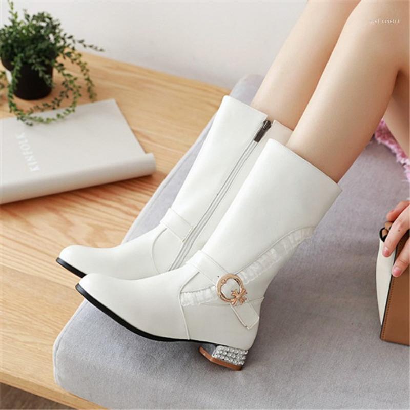 

PXELENA Pink White Bride Wedding Boots Low Heels Ruffles Sweet Lolita Princess Shoes Women Mid Calf Boots Buckle Plus Size 34-431, Black