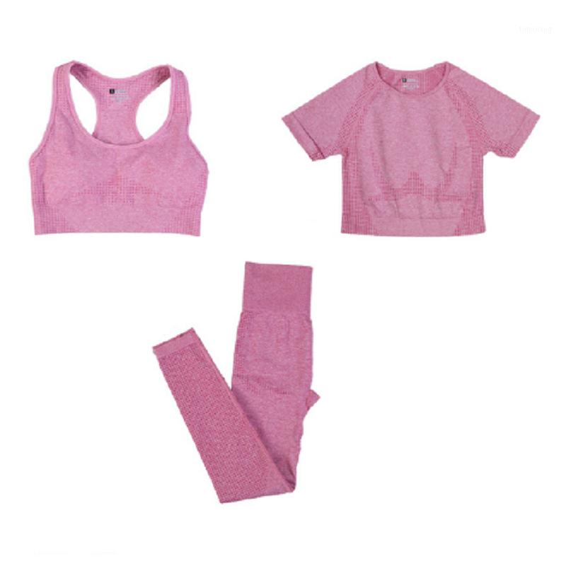 

3pcs/set Women Seamless Yoga Set Fitness Sports Suits Short Sleeve Crop Top+High Waist Leggings+Sports Bra1, Black