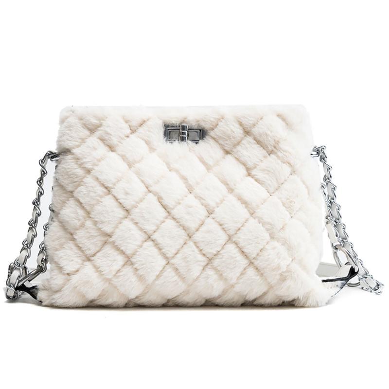 

Winter Warm Velvet Women Shoulder Bag Designers Metal Chains Crossbody Bags For Women Luxury Female Messenger Bag Handbags, White