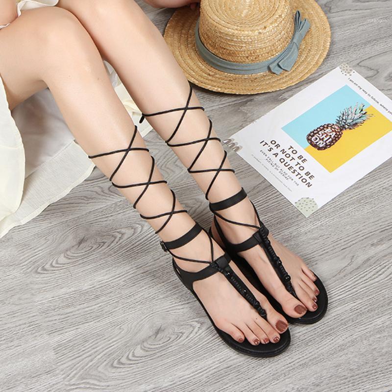 

SAGACE-Gladiator Sandals Women New Thong Elastic Cross Bandage Strap Buckle Flat-soled strap-on Casual Shoes 5M281, Black