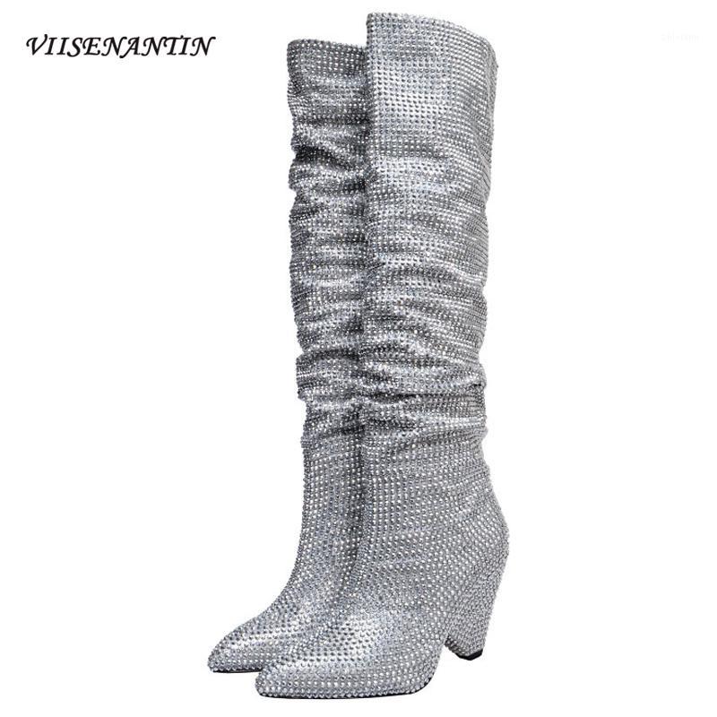 

New Full Rhinestone Silver Pointed Toe Flock Sexy Knee-high Boots Thick High Heel Bling Crystal Autumn Designer Shoes for Women1