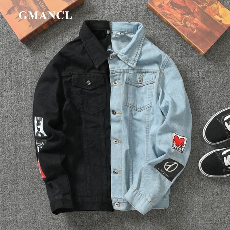 

Men Streetwear badge printed Jeans Jackets Fashion Hip hop male motorcycle Casual Slim Fit Denim coat Outerwear Plus Size 5XL 201124, B926 blue