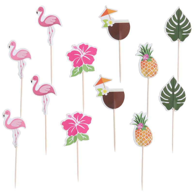

72 pcs Cake Toppers Flamingo Paper Hawaiian Cake Picks Cupcake Decor for Wedding Birthday