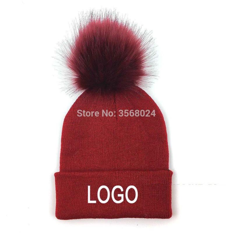 

10pcs a lot Winter Warm acrylic Knit Cap with Ball Top soft knit beanies Custom Embroidery LOGO White Pom Beanie Skull