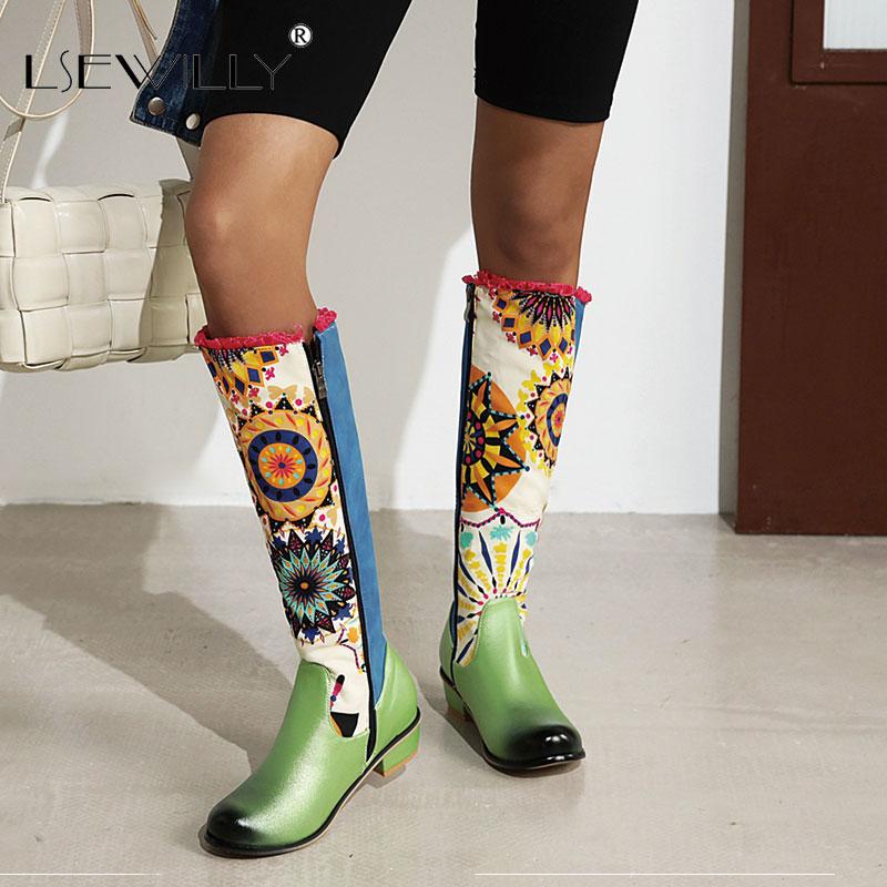 

Lsewilly Bohemia Ethnic Knee High Riding Boots Women Low Heel Autumn Shoes 2020 Floral Print Graffiti Long Boots Large Size, Green