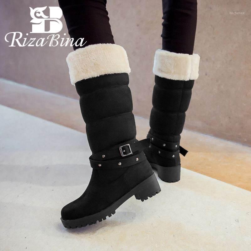 

RizaBina Winter Knee High Snow Boots Women Plush Fur Keep Warm Cotton Shoes Women High Heels Buckle Platform Boots Size 35-431, Beige