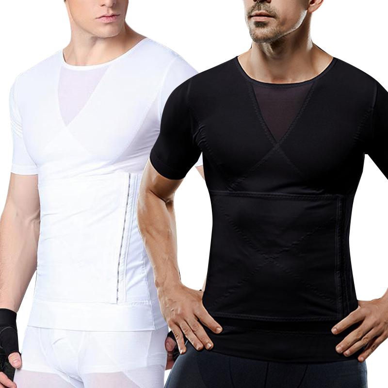 

Mens Slimming Shapewear with Zipper Short Sleeve Shirt Top Body Shaper Net Nylon Compression T-shirts Sportswears, Black