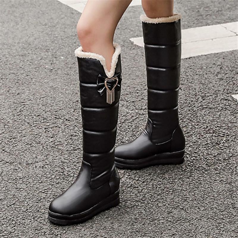 

PXELENA Designer Butterfly-knot Women Knee High Snow Boots Waterproof Non Slip Winter Warm Thick Fur Shoes Black White Red 34-431