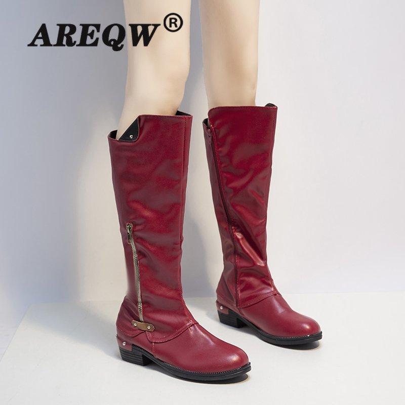 

New Arrival Knee High Boots Women Low Heels Knight Boots Autumn Winter Riding Fahion Sexy Buckle Shoes Woman Plus Size, Black