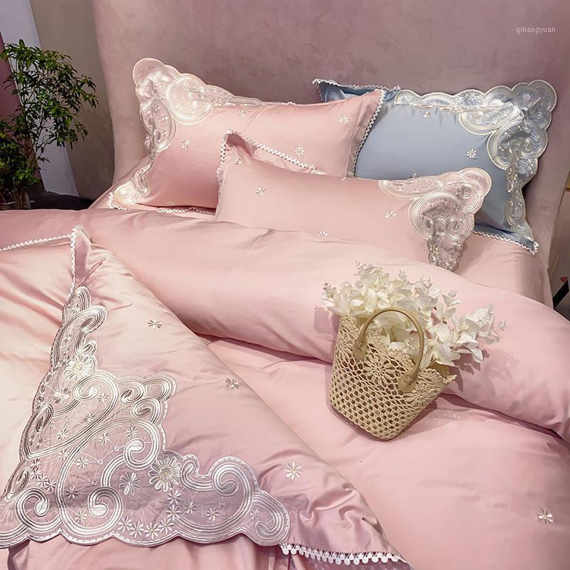 

Pink Bedding Set Organza Embroidery Duvet Cover Set Long-staple Cotton Pillowcases Queen King Size Bed Bed Linen 4pcs 2020 new1, Colour 2