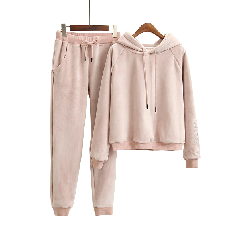 

2021 New Autumn Hooded Long Sleeve Pink Hoodies Suits Elastic Pants Two Pieces Women Warm Pullovers H6si