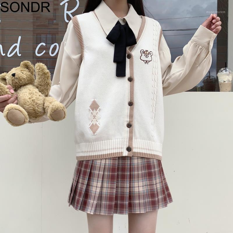 

Vest Sweater Women Cute Soft Sister All-Match JK Uniform Outer Vests V Neck Sleeveless College Style Cartoons Waistcoat Sweater1, Only vest