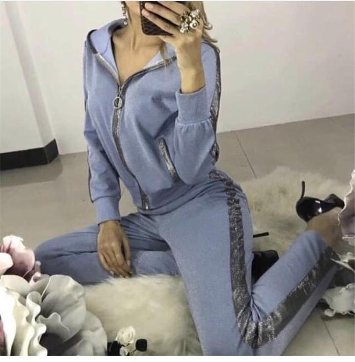 

Women's Hot Sale Real Hooded Casual Suit Ring Zipper Hoodie + Trousers Metal Fashion Striped Female Two-piece Autumn 2020 Full, Blue