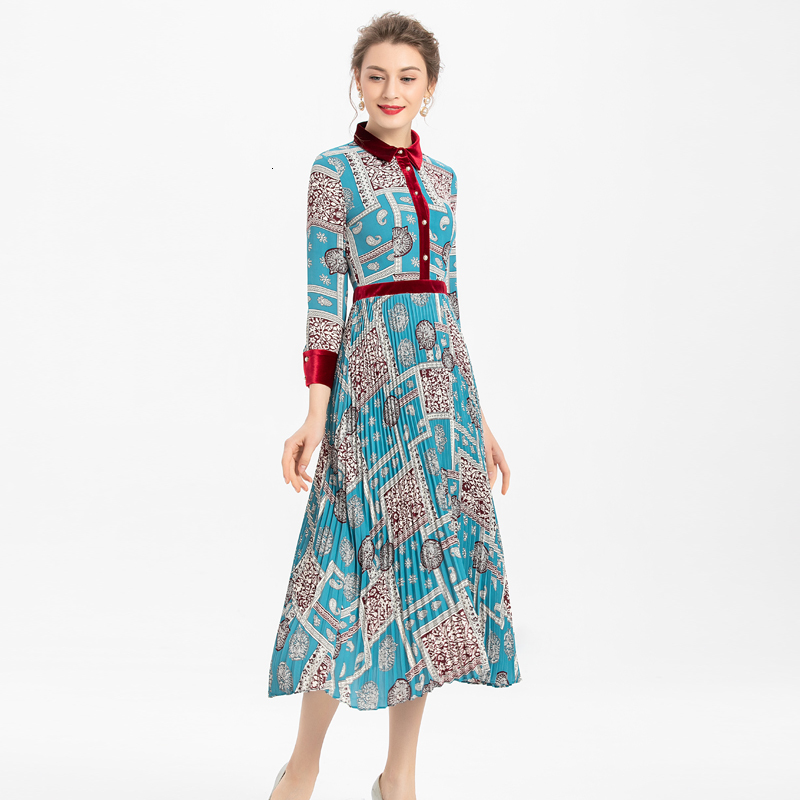 

Velvet Stitching Bohemia Printing Long Sleeves Fitted with Single Collar Dress of Medium Length Spring and Summer High Quality 7ku1, Sky blue.