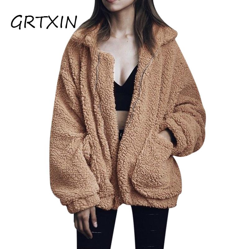 

Plus Size -3XL Women Fashion Fluffy Shaggy Faux Fur Warm Winter Coat Cardigan Bomber Jacket Lady Coats Zipper Outwear Jackets, Light tan