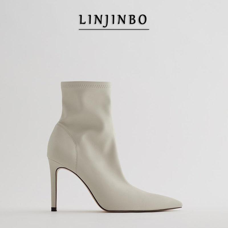 

2020 Beige High Heel Stretch Sock Boots Women Pointed Toe Side Zippers Women Sexy Stilettos Ankle Boots For
