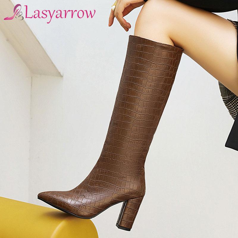 

Lasyarrow 2020 Knee High Boots Women SnakeSkin PU Pointed Toe Boots Thick High Heels Winter Western Warm Big Size 34-48, Black