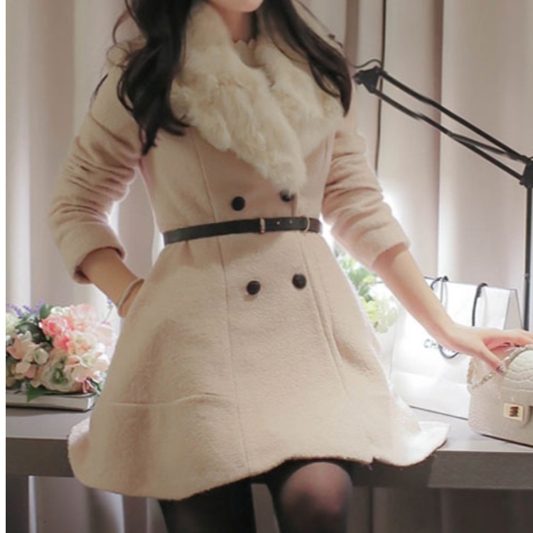 

2021 New Female Double Fox Fur Dressed in Wool Korean Version of Thin Coat AM5X, Apricot glued