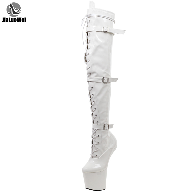 

jialuowei High Leg Boots Lace up Extreme High Heel Fetish Heelless Horse Stallion Hoof Sole over knee boots crotch high boots Y200723, Black